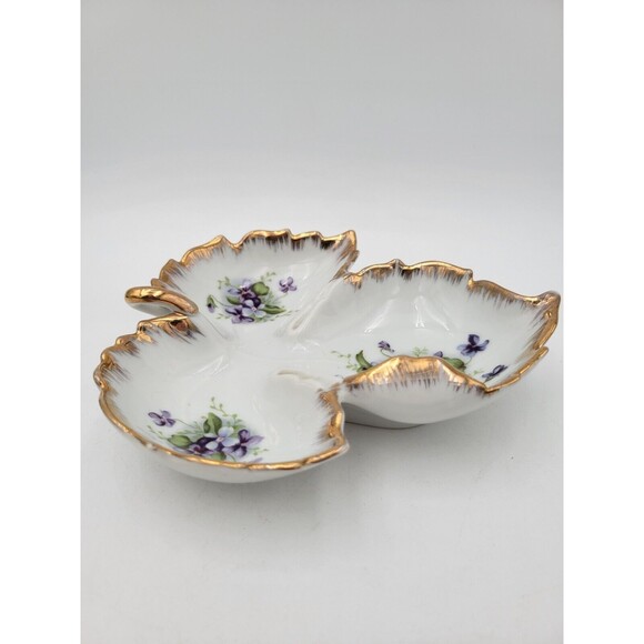 Vintage Kelvin China Leaf Shape Candy Nut Dish Purple Flowers Gold Trim - Picture 4 of 9